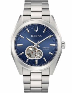 Bulova Surveyor automaattinen miesten kello sinisellä kellotaululla ja näkyvällä koneistolla | 96A275
