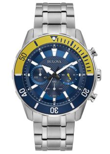 Bulova urheilu kronografi miesten kello sinisellä kellotaululla ja keltaisella sukellusrenkaalla | 98A245