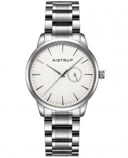 Tyylikäs miesten rannekello, jossa on valkoinen kellotaulu, päivämääränäyttö ja minimalistisesti muotoiltu ruostumattomasta teräksestä valmistettu ranneke | Aistrup Rounded Elegance AIW8201