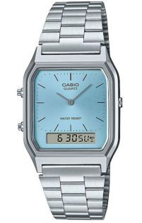 Casio Vintage Dual Display -kello sinisellä kellotaululla ja teräsrungolla | AQ-230A-2A1MQYES