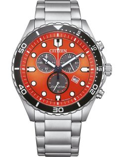 Citizen Eco-Drive kronografi teräksestä H500 koneistolla ja oranssilla kellotaululla | AT2560-84X