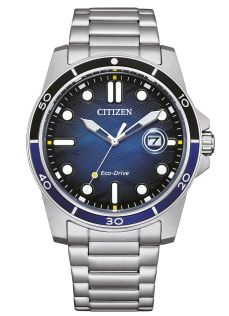 Citizen Eco-Drive miesten teräskello | Sininen aalto kellotaulu sukeltajakehyksellä | AW1810-85L