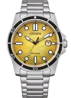 Citizen Eco-Drive urheilu kello teräksestä J810 koneistolla ja keltaisella kellotaululla | AW1816-89X