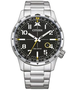 Citizen Eco-Drive miesten teräskello kompassilla | Pilottisuunnittelu arabialaisilla numeroilla ja 100m vedenkestävyys | BM7550-87E