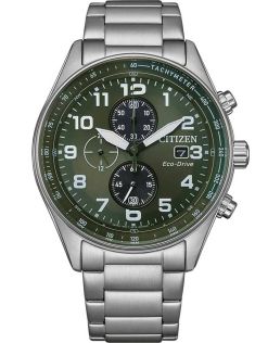 Citizen urheilu kello Eco-Drive kronografilla ja armeijanvihreällä kellotaululla | CA0770-72X