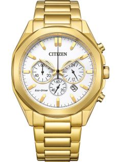 Citizen Eco-Drive kronografi kultaisesta teräksestä | Valkoinen kellotaulu kronografilla | CA4592-85A