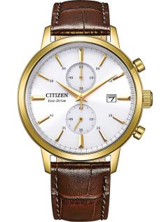 Citizen Eco-drive kronografi kultapinnoitetulla kellokuorella | Klassinen miesten rannekello valkoisella kellotaululla ja ruskealla nahkarannekkeella | CA7062-15A