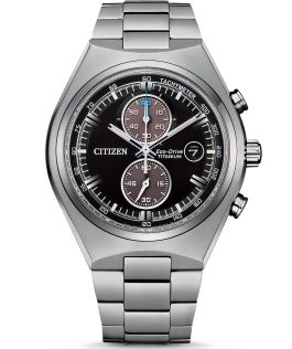 Citizen Eco-Drive kronografi kello supertitaanista mustalla kellotaululla ja 210 päivän käyntivara | CA7090-87E