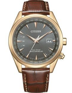 Citizen Eco-Drive radio-ohjattu miesten kello | Ruusukullan värinen teräs ruskealla nahkarannekkeella | CB0273-11H