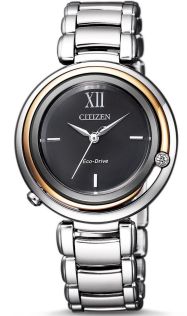 Citizen L Collection naisten kello aidolla timantilla | Ohut Eco-drive kello mustalla kellotaululla ja kuuden kuukauden käyntivara | EM0658-87E