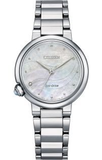 Citizen Eco-drive naisten kello timantilla ja helmiäisellä | Tyylikäs teräskello jalokivellä kruunussa ja kuuden kuukauden käyntivara | EM0910-80D