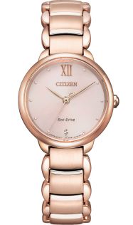 Citizen Eco-Drive naistenkello ruusukullassa, timantti, roomalaiset numerot ja safiirikristalli | EM0922-81X