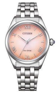 Citizen Eco-Drive naisten kello, jossa on vaaleanpunainen kellotaulu ja roomalaiset numerot | EM1140-80X