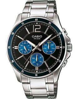 Casio monitoiminen teräskello miesten pukukellona sinisellä kellotaululla | MTP-1374PD-2AVEF