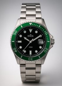 INEX Stainless Steel Dive Watch with Green Bezel – 100M Water Resistant