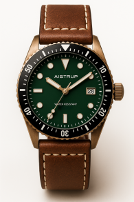 Aistrup AIW8503 Brass Classic Sapphire miesten rannekello vihreällä kellotaululla ja nahkarannekkeella | AIW8503