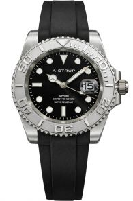 Aistrup sporttinen miesten kello mustalla kellotaululla, hopeanvärisellä kääntyvällä kehyksellä ja mustalla kumihihnalla | AIW8802