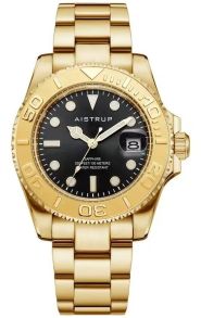 Aistrup ylellinen miesten rannekello mustalla kellotaululla, kullanvärisellä pyörivällä kehyksellä ja kullanvärisellä teräsrannekkeella | AIW8803