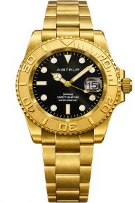 Aistrup ylellinen miesten rannekello mustalla kellotaululla, kullanvärisellä pyörivällä kehyksellä ja kullanvärisellä teräsrannekkeella | AIW8803