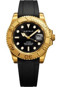 Aistrup sporttinen miesten kello mustalla kellotaululla, kultasävyinen kääntyvä kehä ja musta kumihihna | AIW8804