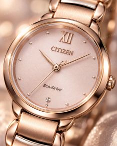 Citizen Eco-Drive naistenkello ruusukullassa, timantti, roomalaiset numerot ja safiirikristalli | EM0922-81X
