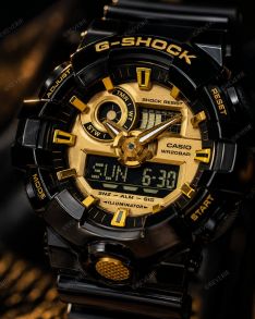 Musta ja kultainen Ana-Digi G-Shock näyttävällä muotoilulla | GA-710GB-1AER