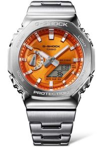 Oranssilla kellotaululla varustettu metallinen G-SHOCK, ruostumatonta terästä | GM-2110D-4AER
