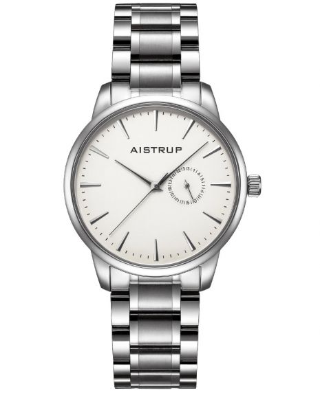 Tyylikäs miesten rannekello, jossa on valkoinen kellotaulu, päivämääränäyttö ja minimalistisesti muotoiltu ruostumattomasta teräksestä valmistettu ranneke | Aistrup Rounded Elegance AIW8201