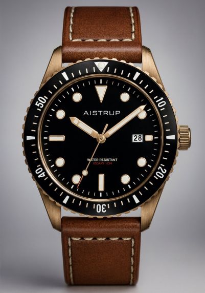 Vintage-henkinen miesten messinkikello mustalla kellotaululla, nahkarannekkeella ja 100 metrin vedenkestävyydellä merellisessä designissa | AIW8501