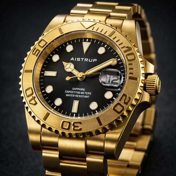 Aistrup ylellinen miesten rannekello mustalla kellotaululla, kullanvärisellä pyörivällä kehyksellä ja kullanvärisellä teräsrannekkeella | AIW8803