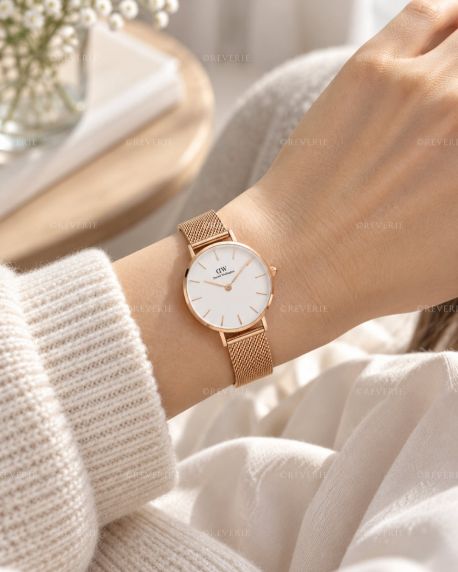 Daniel Wellington Ladies Rosegolden White Mesh Bracelet 28mm