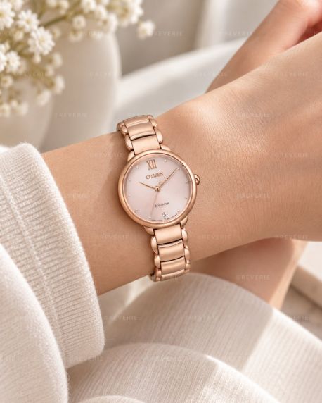 Citizen Eco-Drive naistenkello ruusukullassa, timantti, roomalaiset numerot ja safiirikristalli | EM0922-81X